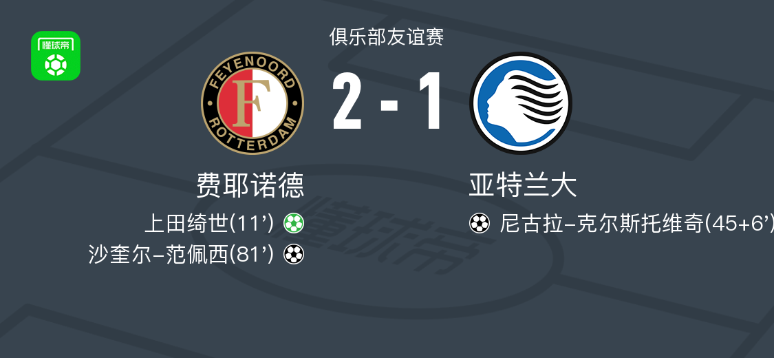 费耶诺德2-1亚特兰大，沙奎尔-范佩西建功，上田绮世点射